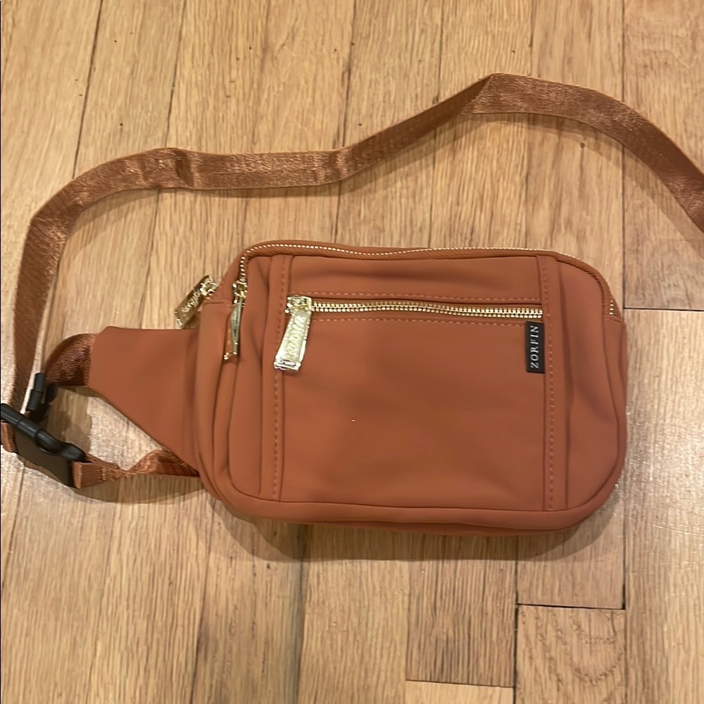 Zorfin Tan Belt Bag with Adjustable Strap and Gold Hardware